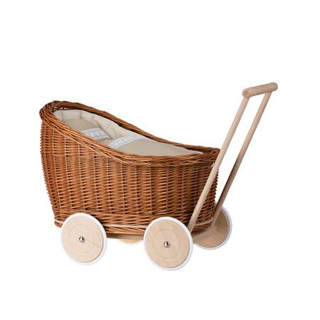 Natural Wicker Doll Pram with Beige Bedding