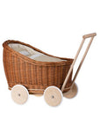 Natural Wicker Doll Pram with Beige Bedding