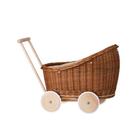 Natural Wicker Doll Pram with Beige Bedding