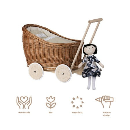 Natural Wicker Doll Pram with Beige Bedding