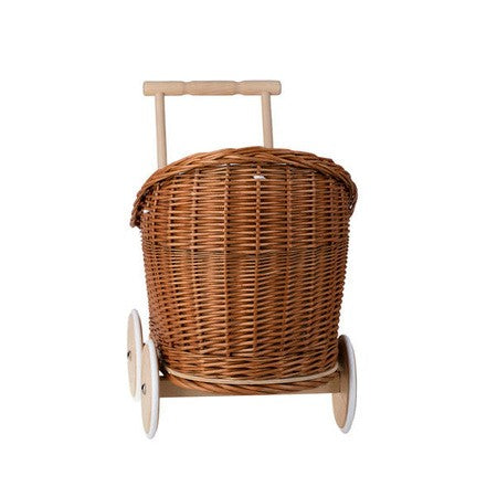 Natural Wicker Doll Pram with Beige Bedding