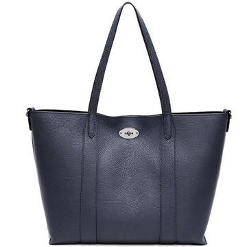 Navy Blue Horizontal Turnlock Leather Tote Bag - Brix + Bailey
