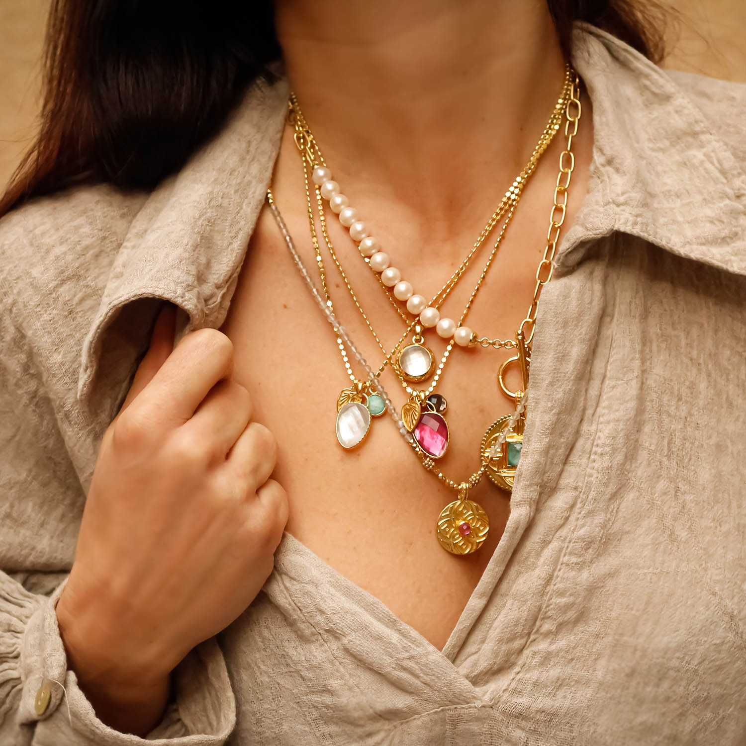 Odyssey Two Stone Pendant Necklace with Palm Leaf Charm Pyrite &amp; Amazonite