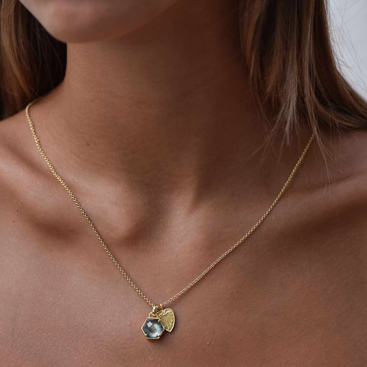 Thea Hexagon Gemstone and Palm Leaf Charm Necklace Peach Moonstone