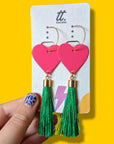Neon pink heart and gold green tassel earrings