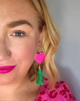 Neon pink heart and gold green tassel earrings