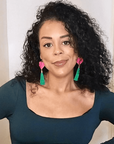 Neon pink heart and gold green tassel earrings