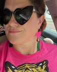 Neon pink heart and gold green tassel earrings