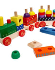 a child's hand pressing the button on the colorful wooden block train to make it choo-choo