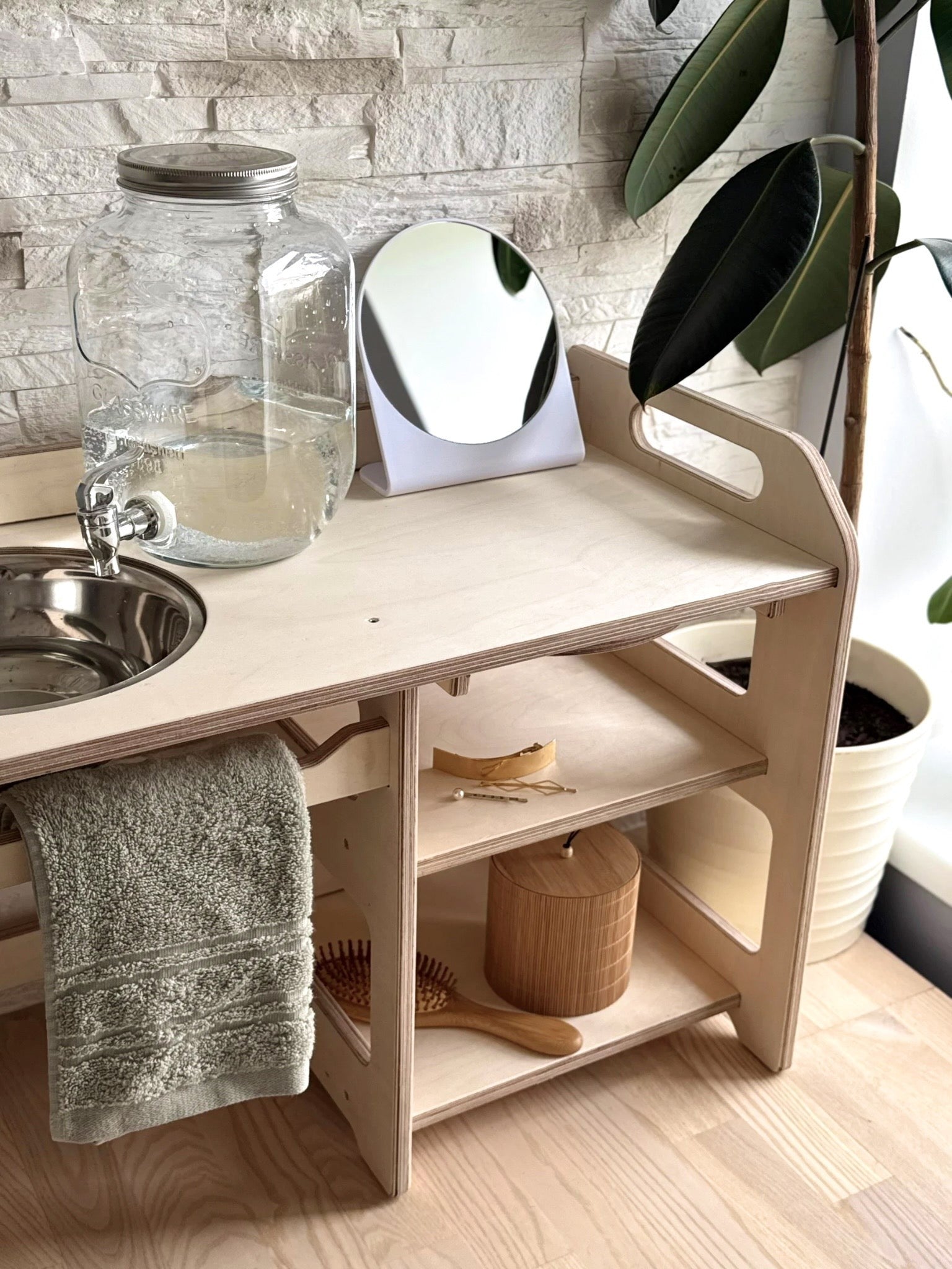 Montessori Wooden Washbasin for Toddlers with Storage