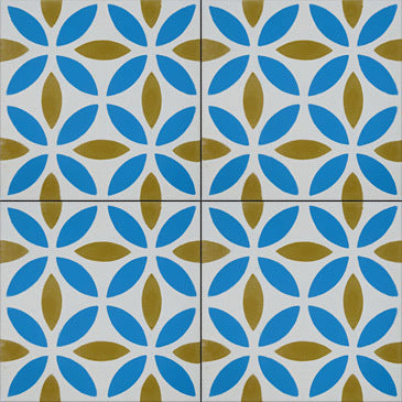 Luxury Oasis cement tiles in yellow and blue, premium handcrafted vintage floor and wall tiles, trending bathroom and kitchen design by Maria Starling Design at brixbailey.com