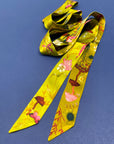 Ochre yellow Silk satin 'Helios' Ultra Skinny silk scarf with mushrooms and sunflowers