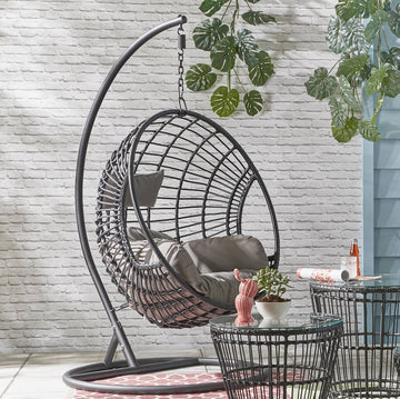 Premium Black Sorrento Egg Chair, Luxury Rattan Woven Indoor Outdoor Hanging Chair with Grey Cushion by Ella James at brixbailey.com