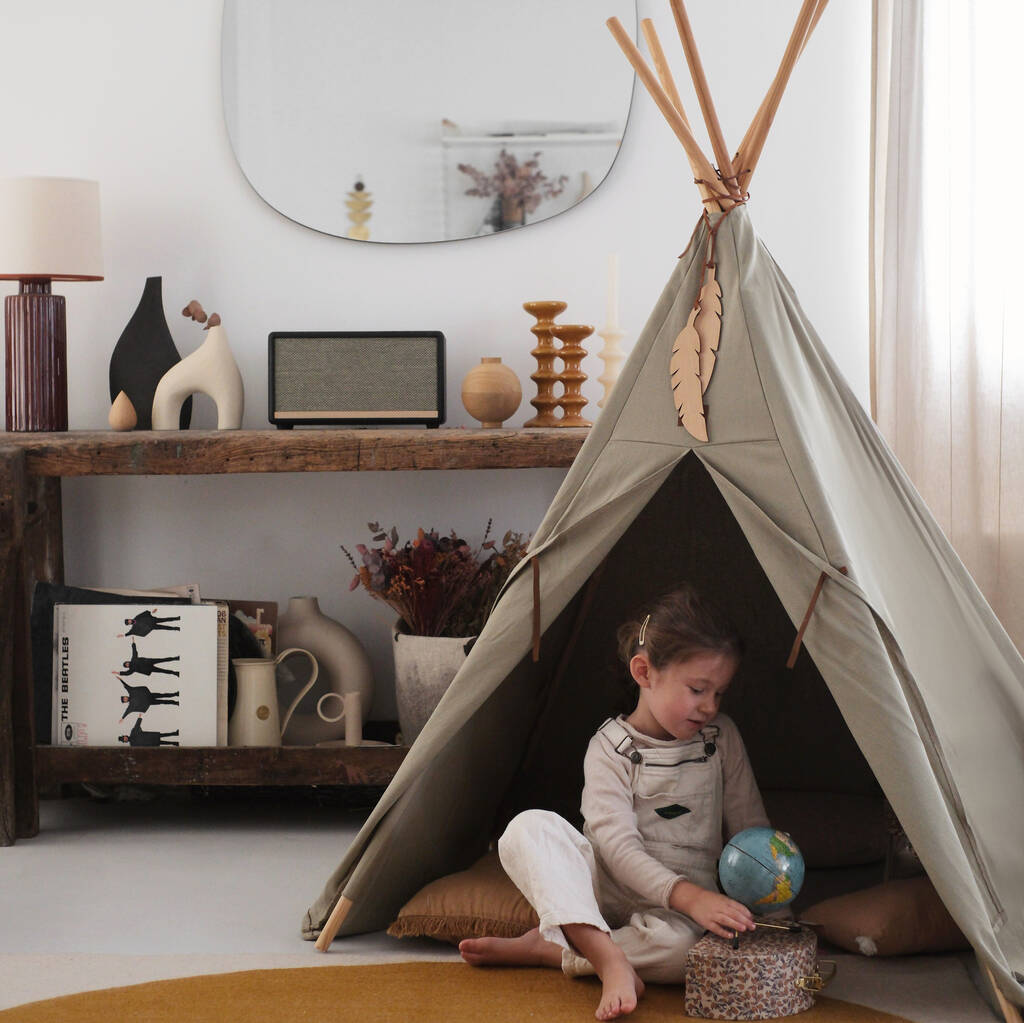 Premium Laurel Green Canvas Teepee, Pinewood Play Tent with Natural Wooden Feathers, Nobodinoz Nevada Teepee by Ella James at brixbailey.com