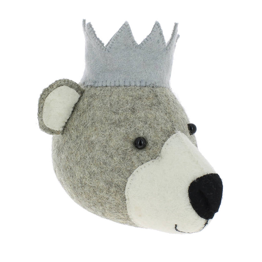 Premium grey wool felt party bear wall decor with blue hat, handcrafted stitching, bamboo hook for nursery by Ella James at brixbailey.com