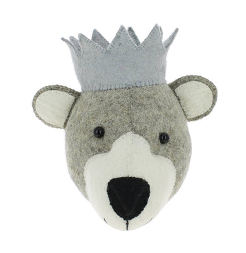 Premium grey wool felt party bear wall decor with blue hat, handcrafted stitching detail, bamboo hook for nursery or bedroom by Ella James at brixbailey.com