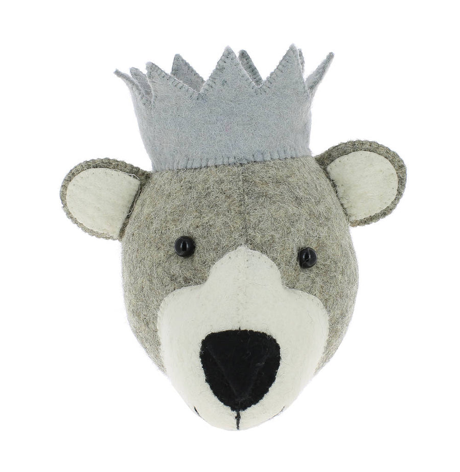 Premium grey wool felt party bear wall decor with blue hat, handcrafted stitching detail, bamboo hook for nursery or bedroom by Ella James at brixbailey.com