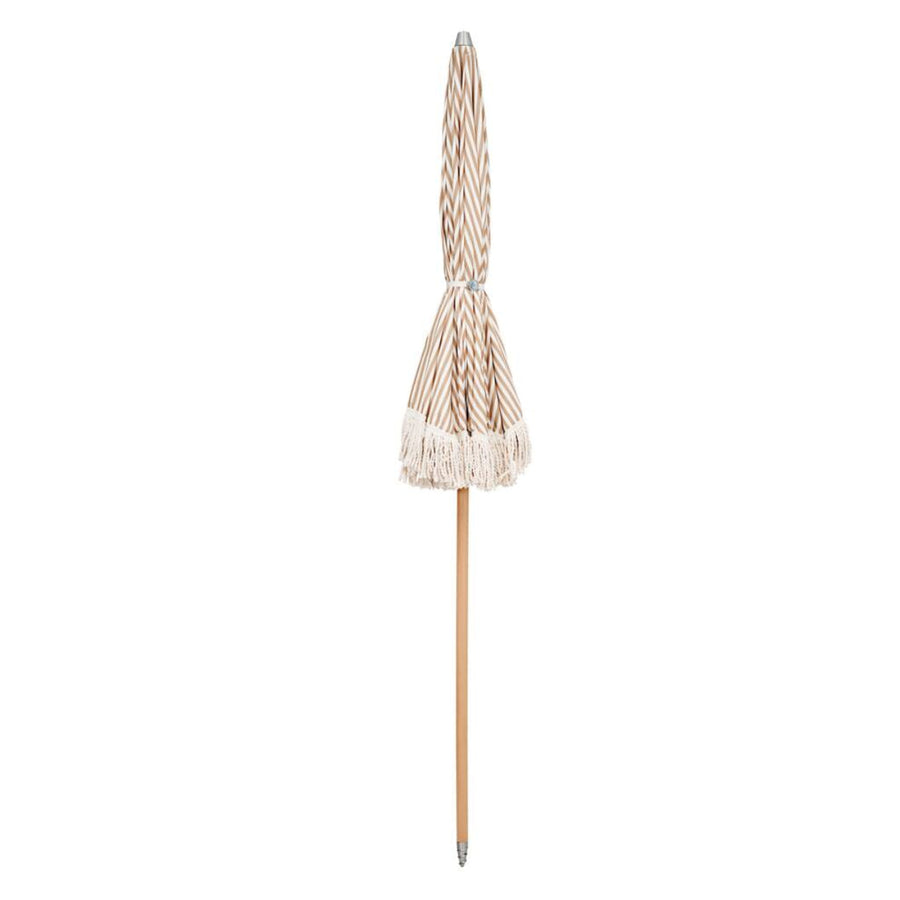 Premium Sand and White Pinstripe Parasol, Luxury Vintage Garden Umbrella with Beechwood Pole and Fringing by Ella James at brixbailey.com