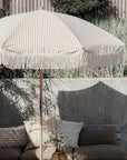Luxury sand and white pinstripe parasol, vintage-inspired with durable cotton-polyester fabric and beechwood pole by Ella James at brixbailey.com