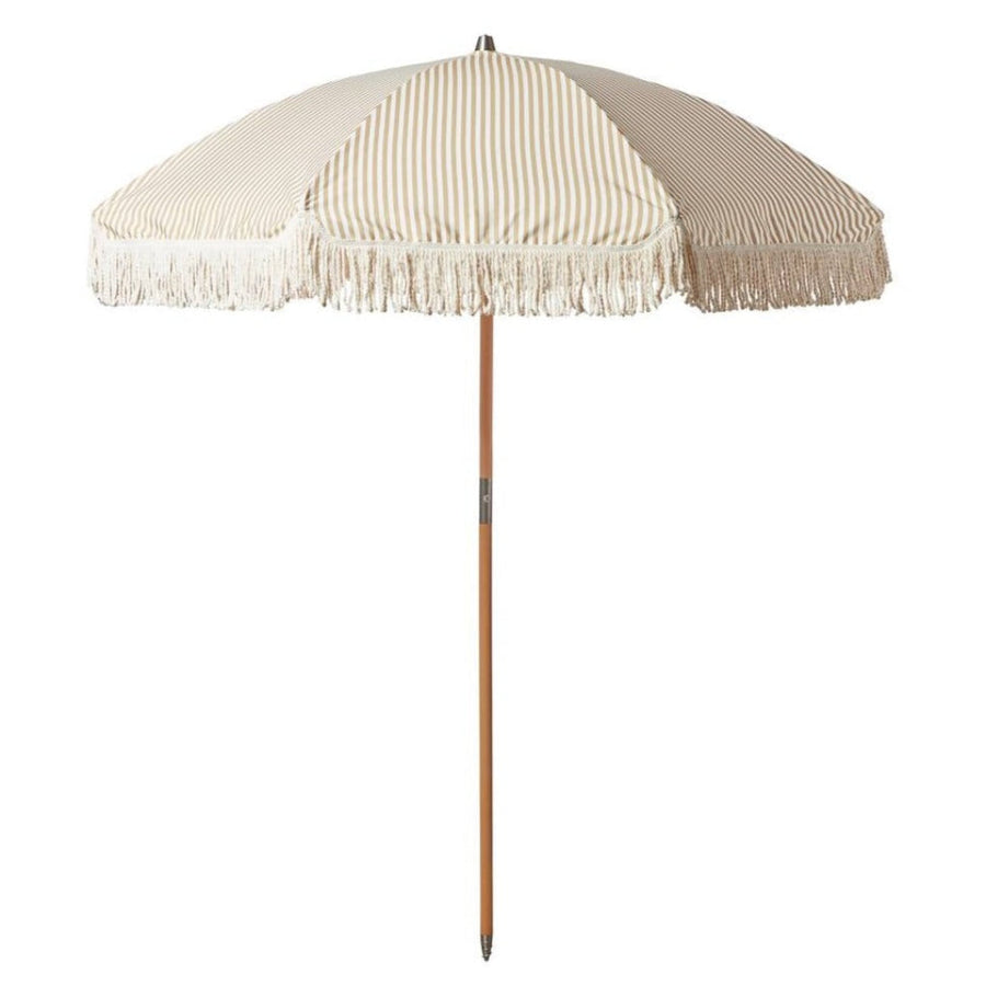 Premium Sand and White Pinstripe Parasol for Garden and Beach, Vintage Style with Beechwood Pole and Cotton Carry Bag by Ella James at brixbailey.com