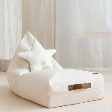 Premium Nobodinoz Oasis beanbag in natural, large faux leather handle, removable washable cover, stylish kids reading corner by Ella James at brixbailey.com