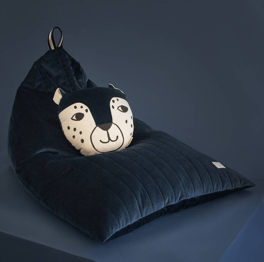 Luxury Essaouira velvet beanbag, premium eco-velvet, stylish night blue, handcrafted, best-selling kids seating, removable washable cover by Ella James at brixbailey.com