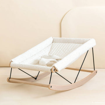 Premium organic cotton baby bouncer with honey polka dots, handmade beechwood frame, neutral cream, machine washable, up to 9kg by Ella James at brixbailey.com