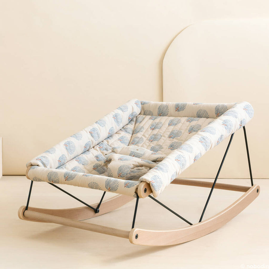 Luxury organic cotton baby bouncer cover, Gatsby peacock feather print, handmade quilted finish, fits Growing Green bouncer, unisex cream blue design by Ella James at brixbailey.com
