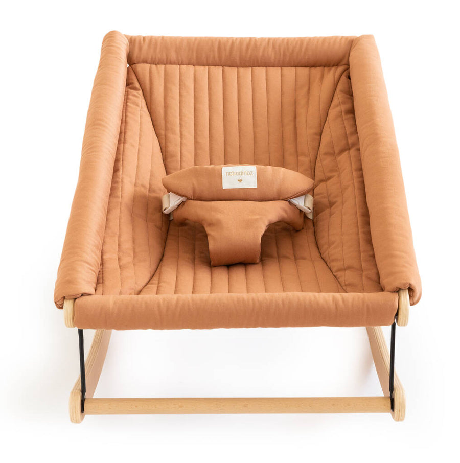Luxury baby bouncer in natural beech wood with organic cotton cover, stylish and handcrafted, safe rocking design, EN 12790 certified by Ella James at brixbailey.com