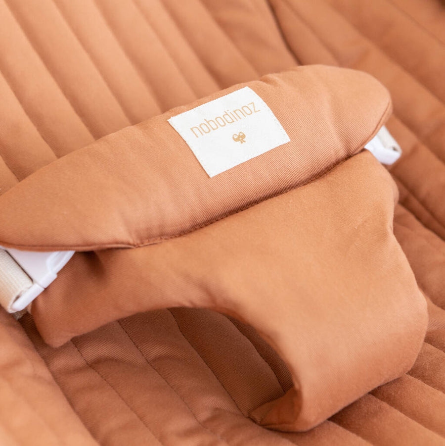 Premium baby bouncer in natural beech wood with organic cotton cover, stylish and safe, meets EN 12790 standards, made in Spain by Ella James at brixbailey.com
