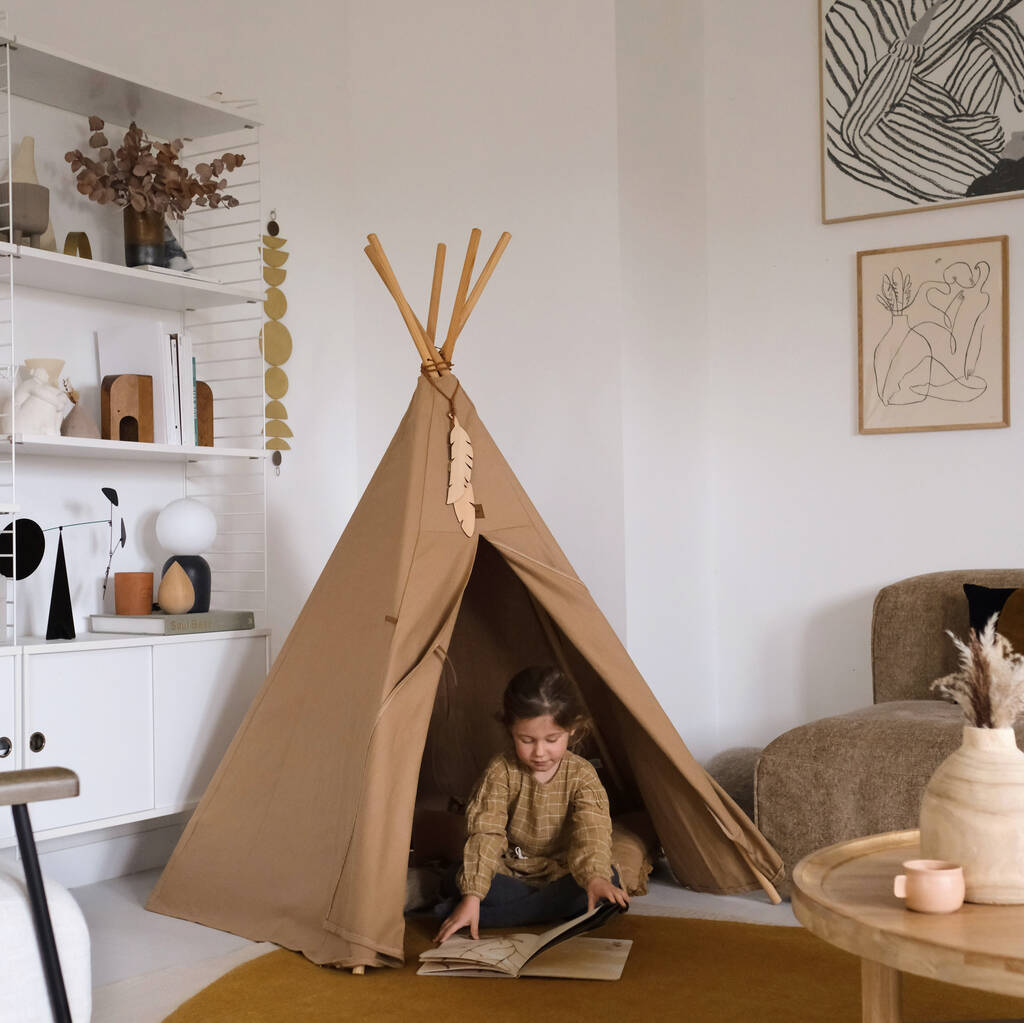 Premium fawn teepee play tent with pinewood frame and canvas, natural Indian wooden feathers, matching oasis cotton twill beanbag by Ella James at brixbailey.com