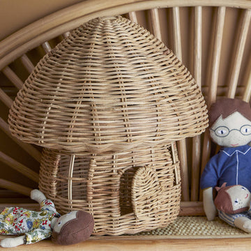 Luxury rattan toadstool fairy house, stylish decorative dolls house with removable roof and opening door, best-selling kids room decor by Ella James at brixbailey.com