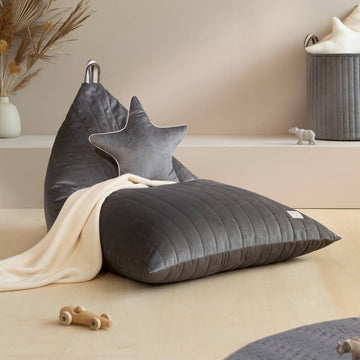 Luxury Essaouira velvet beanbag, premium recycled eco-velvet, stylish slate grey, handcrafted in Barcelona, best-selling kids seating by Ella James at brixbailey.com