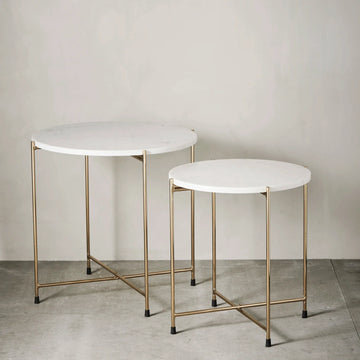 Luxury Marmilla nesting side tables set of two, elegant marble top with gold metal stand, timeless design by Ella James at brixbailey.com