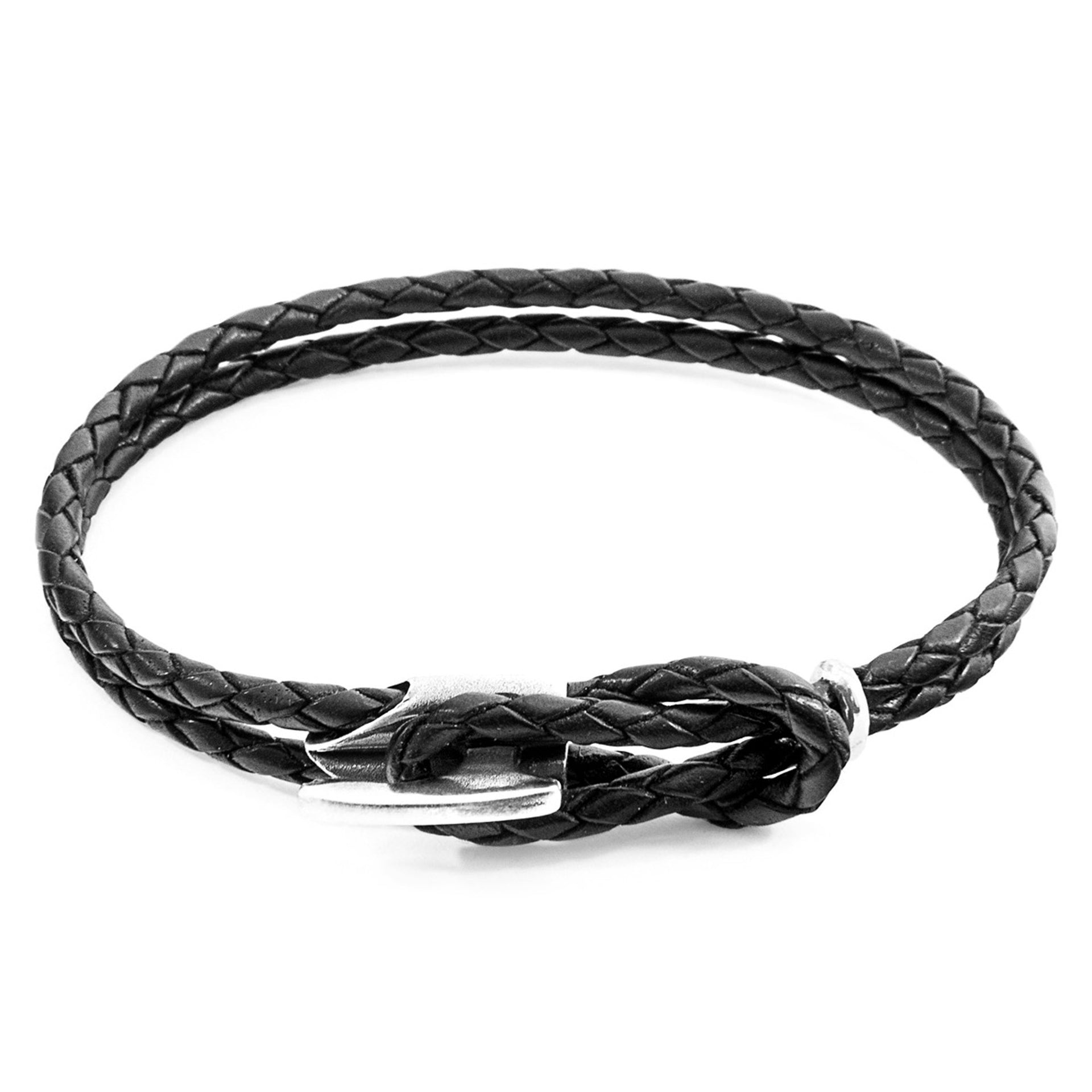 Embrace Timeless Elegance with the Coal Black Padstow Silver and Braided Leather Bracelet by ANCHOR & CREW at www.brixbailey.com