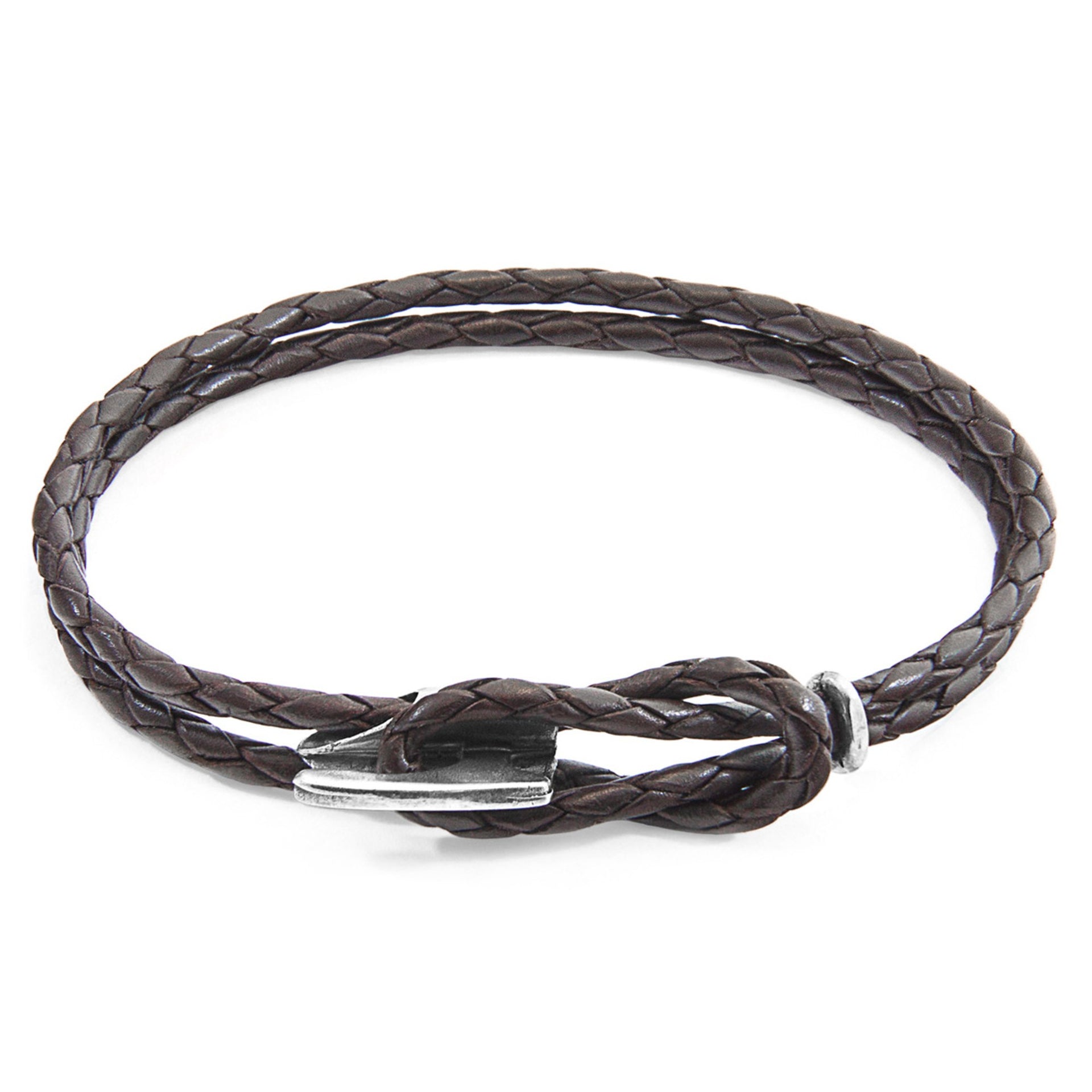 Embrace Elegance with the Dark Brown Padstow Silver and Braided Leather Bracelet by ANCHOR & CREW at www.brixbailey.com