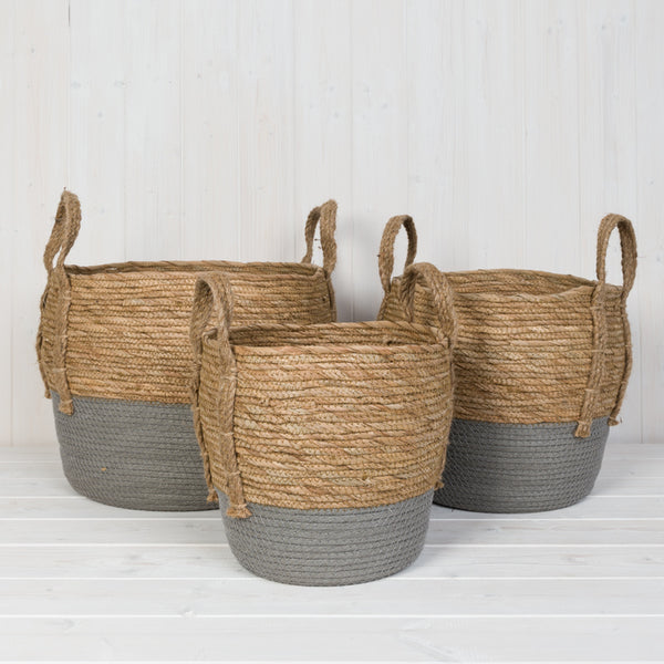 Set of 3 Straw Baskets With Grey Dipped Bottom
