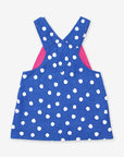 Premium blue corduroy pinafore dress with white dots, soft organic cotton, adjustable straps, front pocket, machine washable by Toby Tiger at brixbailey.com