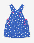 Premium blue and white polka dot corduroy pinafore dress, soft organic cotton, adjustable straps, stylish and comfortable by Toby Tiger at brixbailey.com