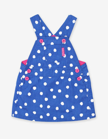 Premium blue and white polka dot corduroy pinafore dress, soft organic cotton, adjustable straps, stylish and comfortable by Toby Tiger at brixbailey.com