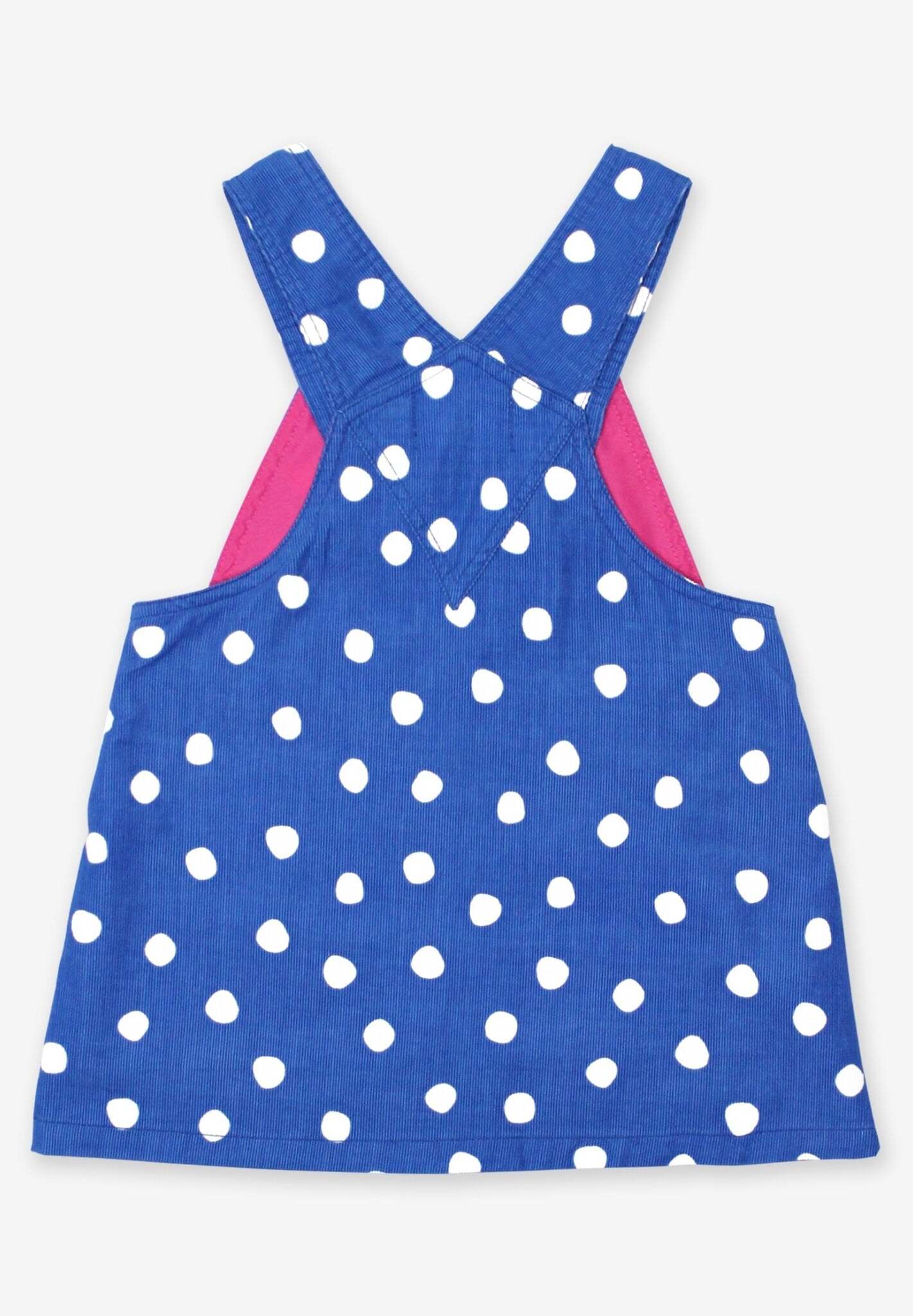 Premium blue and white polka dot corduroy pinafore dress, organic cotton, adjustable straps, stylish and comfortable by Toby Tiger at brixbailey.com