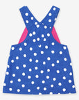 Premium blue and white polka dot corduroy pinafore dress, organic cotton, adjustable straps, stylish and comfortable by Toby Tiger at brixbailey.com