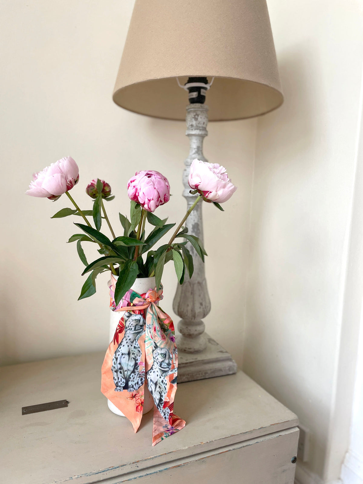 Peach botanical 'Panthera' skinny Silk scarf, delicate, lightweight Twilly style scarf accessory with animal print texture