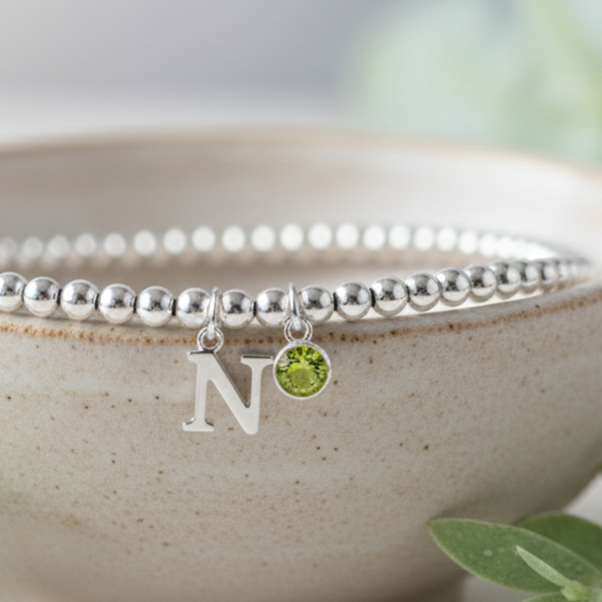 Initial &amp; August Birthstone Bracelet | Personalised Stretch Bead Bracelet