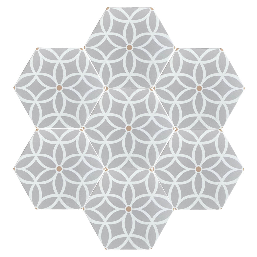 Luxury Petal porcelain hex tiles, premium anti-slip outdoor floor tiles in pastel, green, black by Maria Starling Design at brixbailey.com