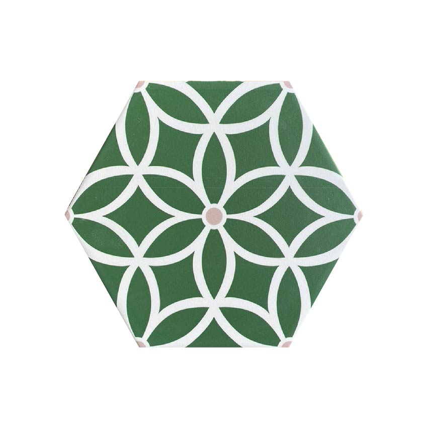 Premium Petal porcelain hex tiles, luxury anti-slip outdoor floor tiles in pastel, green, black by Maria Starling Design at brixbailey.com
