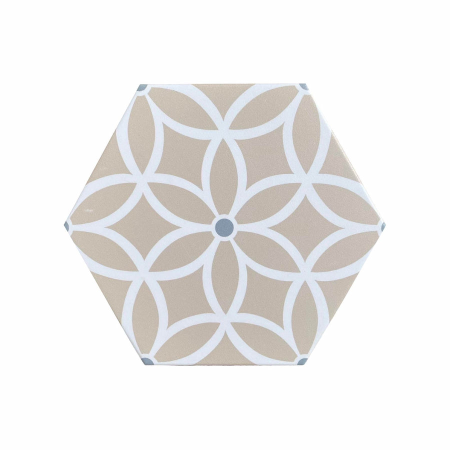 Petal porcelain hex tiles, premium anti-slip outdoor floor tiles in pastel, green, black, luxury bathroom kitchen patio tiles by Maria Starling Design at brixbailey.com