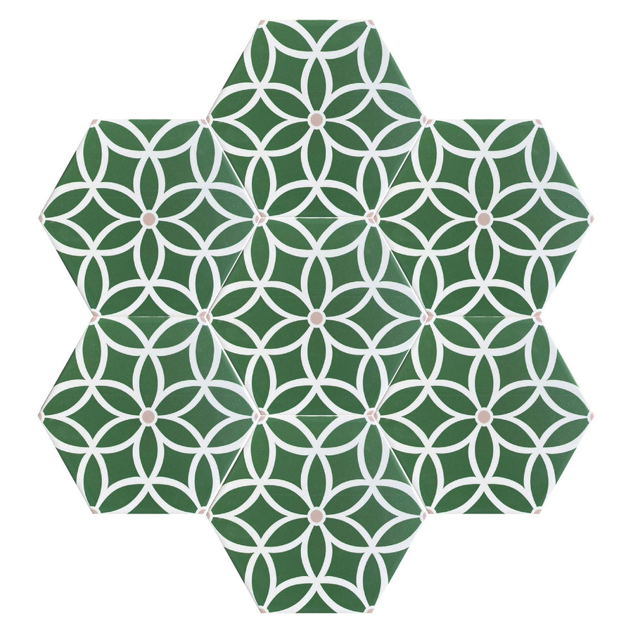 Luxury Petal porcelain hex tiles, premium anti-slip outdoor tiles in pastel, green, black, 21.5x18.7cm by Maria Starling Design at brixbailey.com