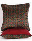 Geometric Flowers Hand Block Print Mashru Silk Cushion Cover - Red Black