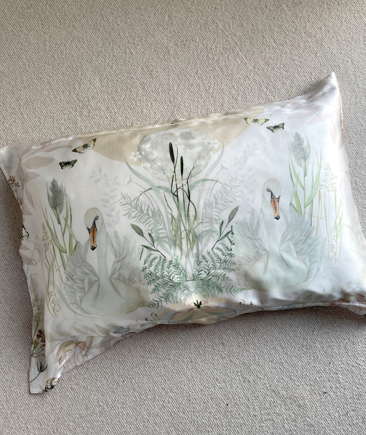 Cream and neutral Silk Pillowcase in hand painted 'Graceful' print, Standard size Oxford style Pillowcase